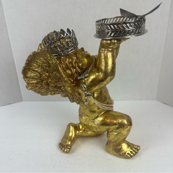 Shabby Chic Vignette decor-golden Cherub Angel w/ silver tray & vintage pearls. - Picture 14 of 16